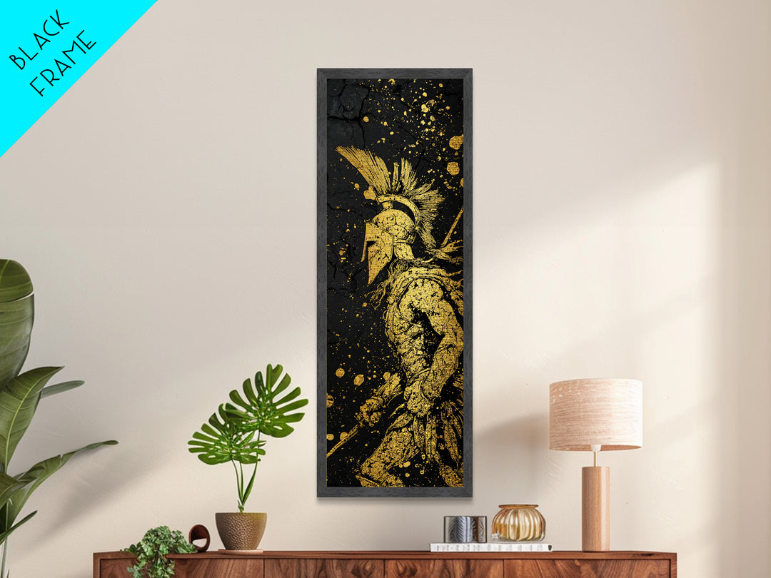 Spartan Warrior Helmet Illustration, Metallic Gold Metal Print, Ancient Greek Soldier Wall Art, Real Wood Frame Decor