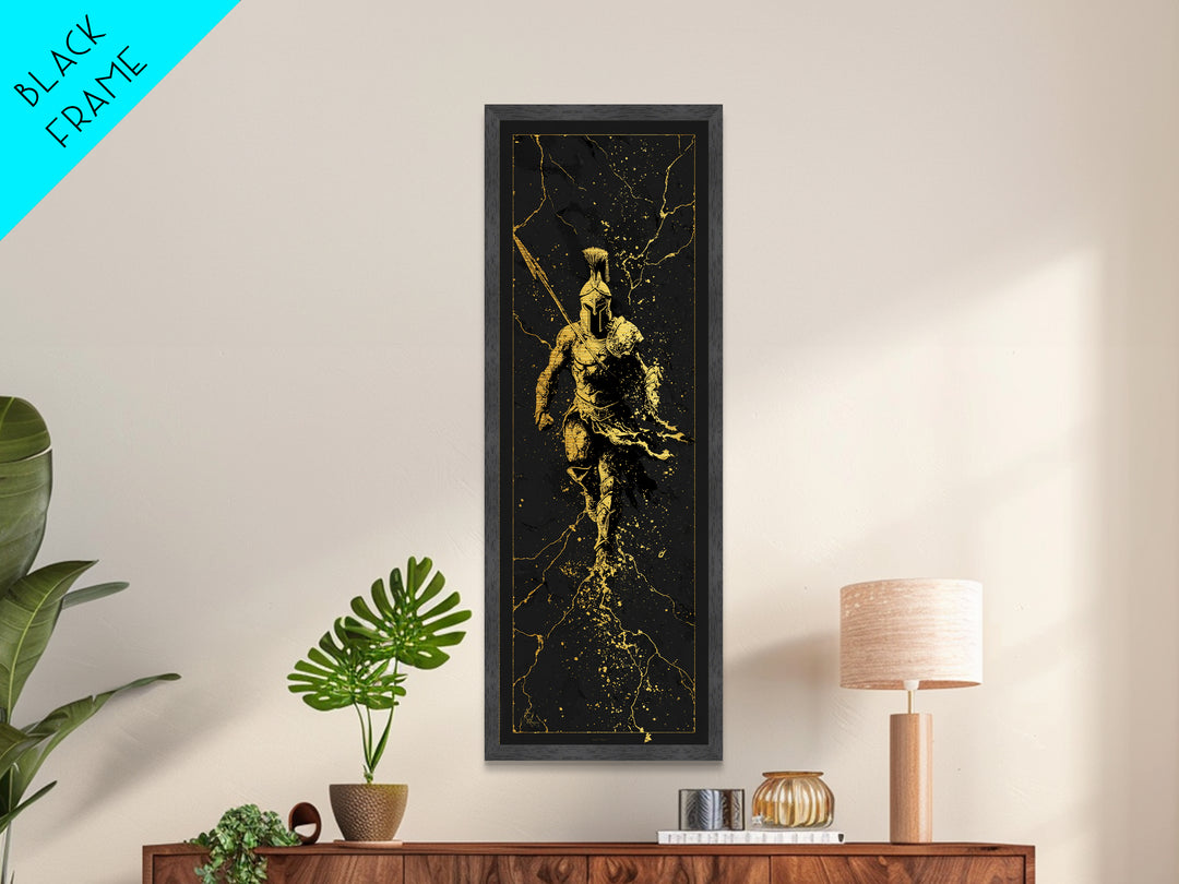 Ancient Spartan Soldier Running, Metallic Gold Metal Print, Greek Warrior Helmet Wall Art, Real Wood Frame Decor