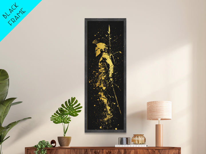 Greek Spartan Warrior With Spear, Metallic Gold Metal Print, Ancient Soldier Helmet Wall Art, Real Wood Frame Decor