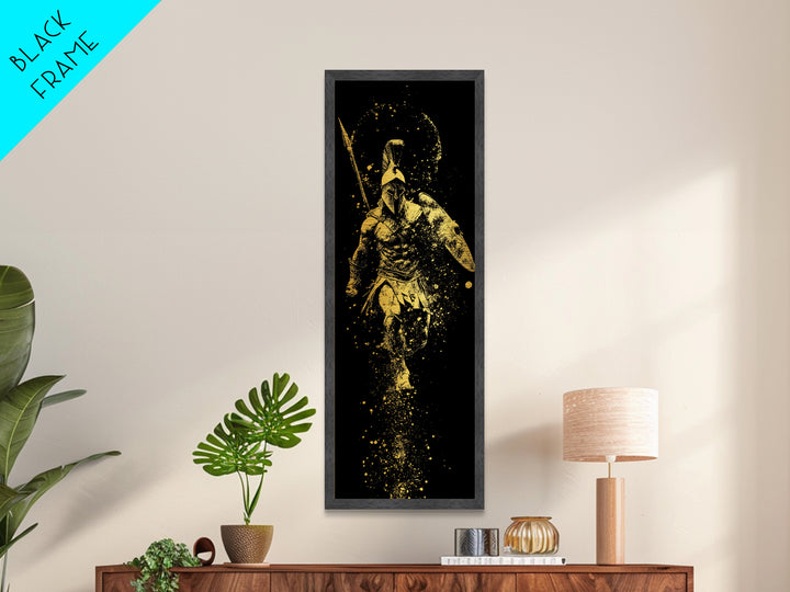 Spartan Warrior With Shield And Spear, Metallic Gold Metal Print, Ancient Greek Helmet Wall Art, Real Wood Frame Decor
