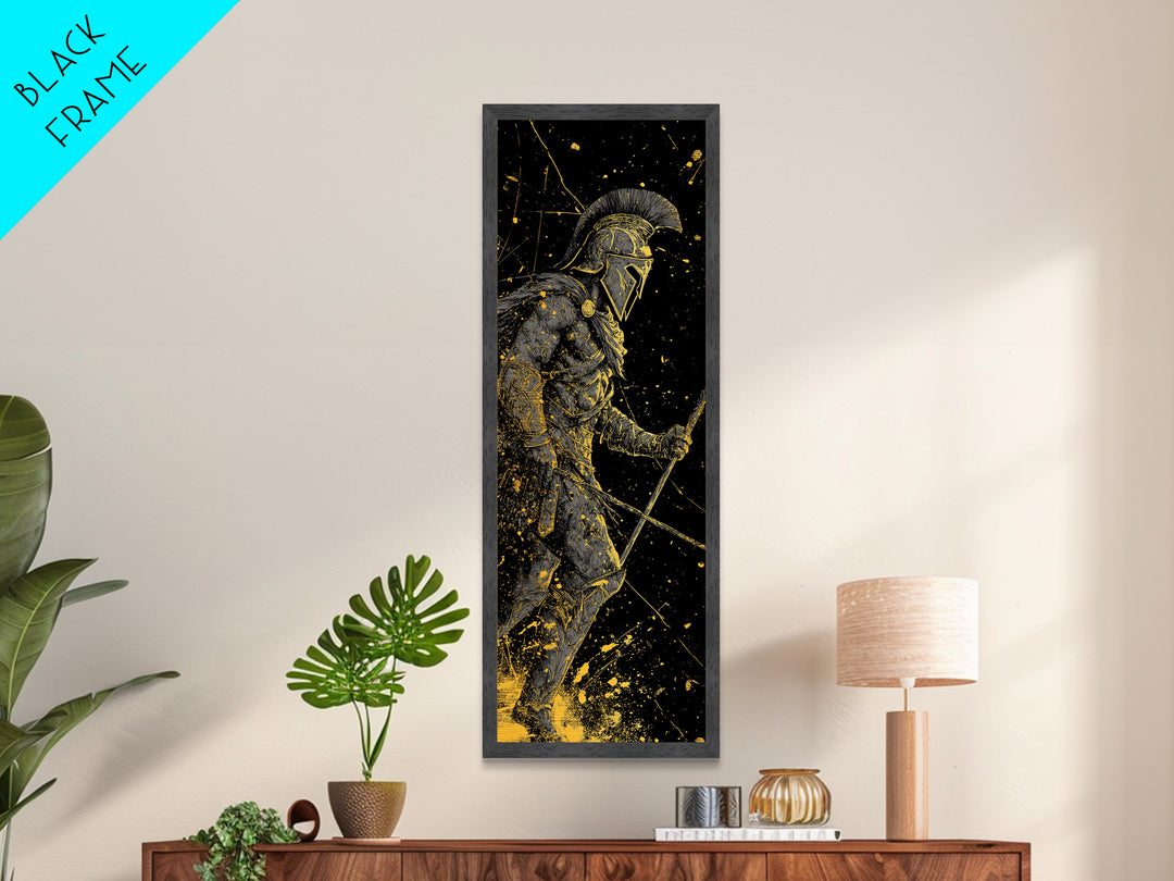 Ancient Greek Spartan Fighter, Metallic Gold Metal Print, Warrior Helmet Spear Wall Art, Real Wood Frame Decor