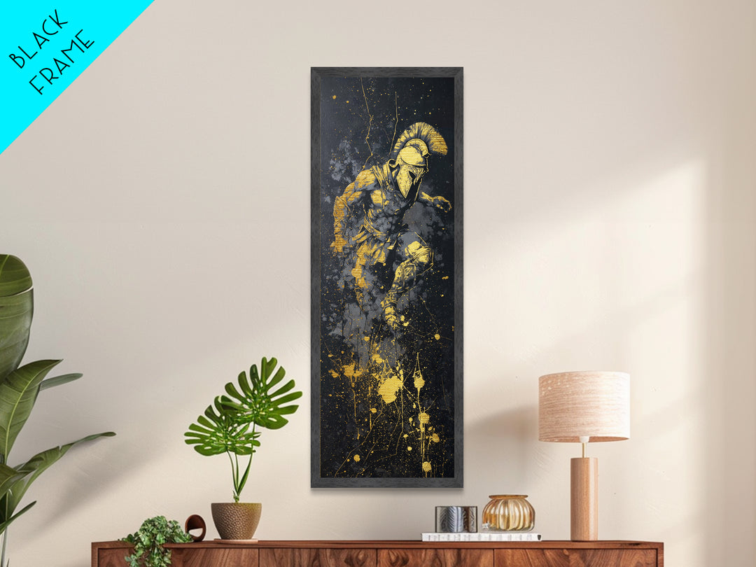 Ancient Spartan Warrior In Battle Pose, Metallic Gold Metal Print, Greek Soldier Helmet Wall Art, Real Wood Frame Decor