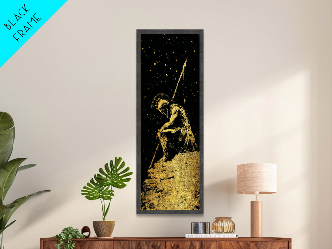 Spartan Warrior Kneeling With Spear, Metallic Gold Metal Print, Ancient Greek Soldier Wall Art, Real Wood Frame Decor