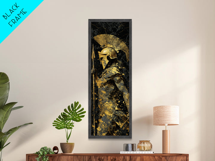 Greek Spartan Warrior Holding Spear, Metallic Gold Metal Print, Ancient Helmet Warrior Wall Art, Real Wood Frame Decor