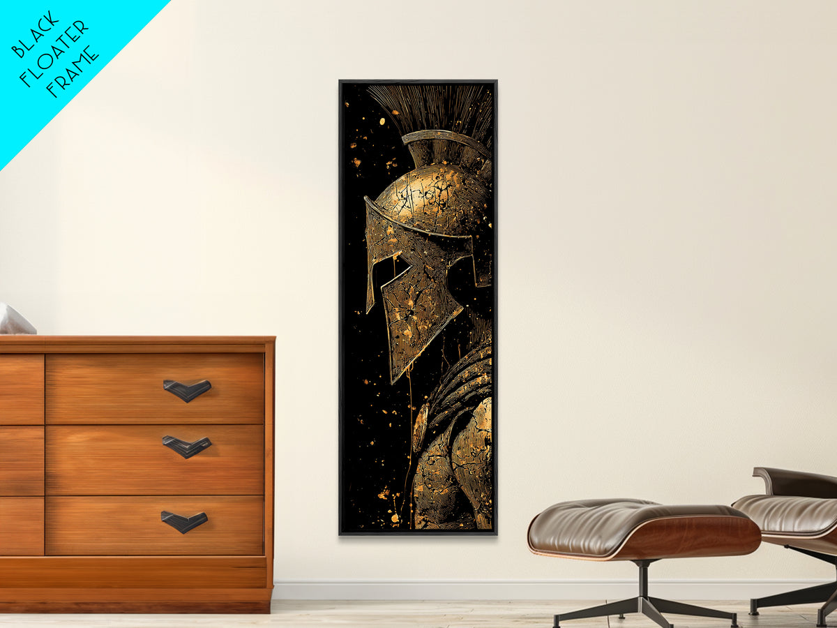 Spartan Helmet Close Up Artwork, Gold Canvas Print, Ancient Greek Warrior Wall Art, Real Wood Frame Decor