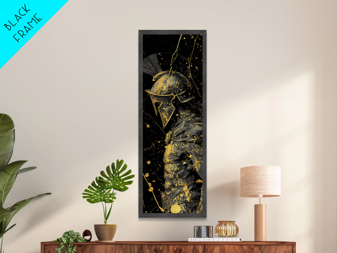 Greek Spartan Warrior In Splatter Style, Metallic Gold Metal Print, Ancient Warrior Helmet Wall Art, Real Wood Frame Decor