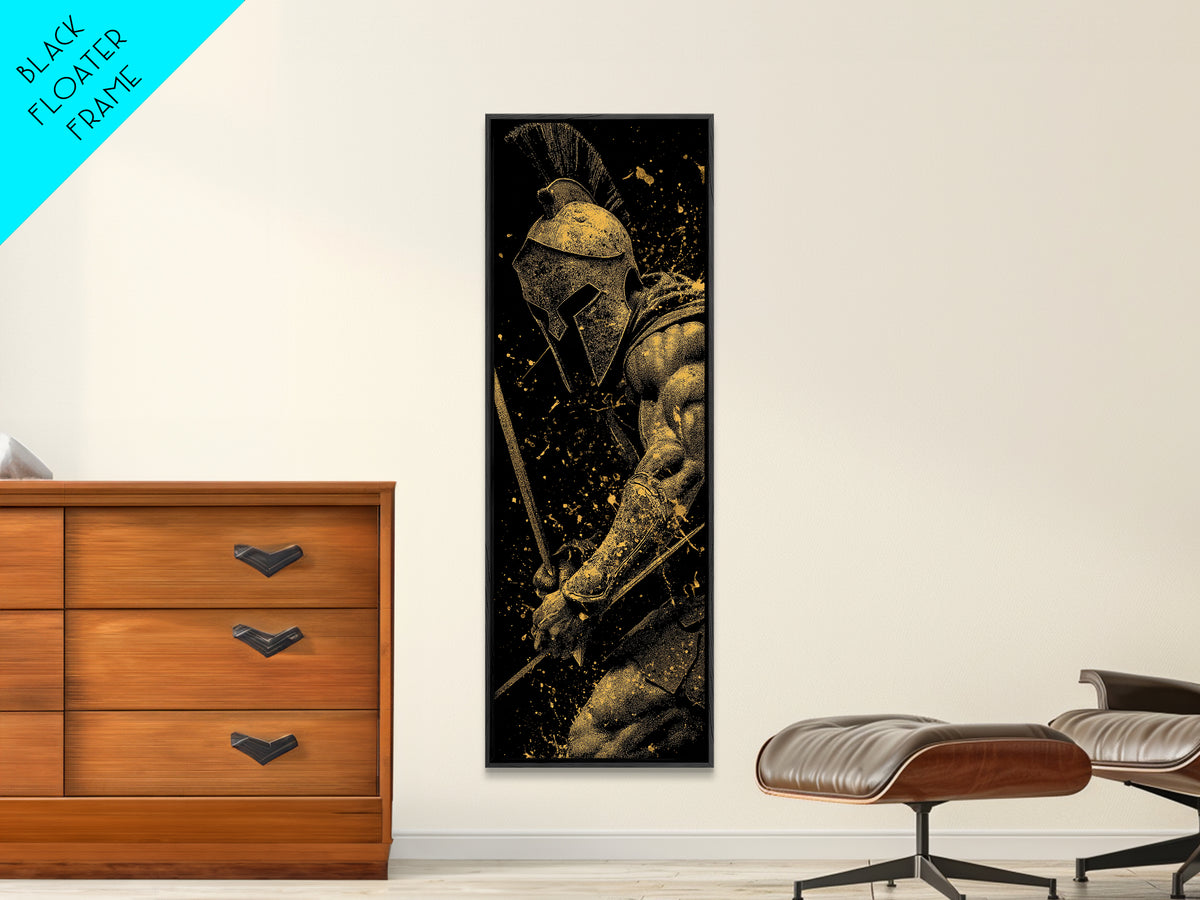 Spartan Warrior With Sword, Gold Canvas Print, Greek Mythology Wall Art, Real Wood Frame Decor, Ancient Battle Artwork