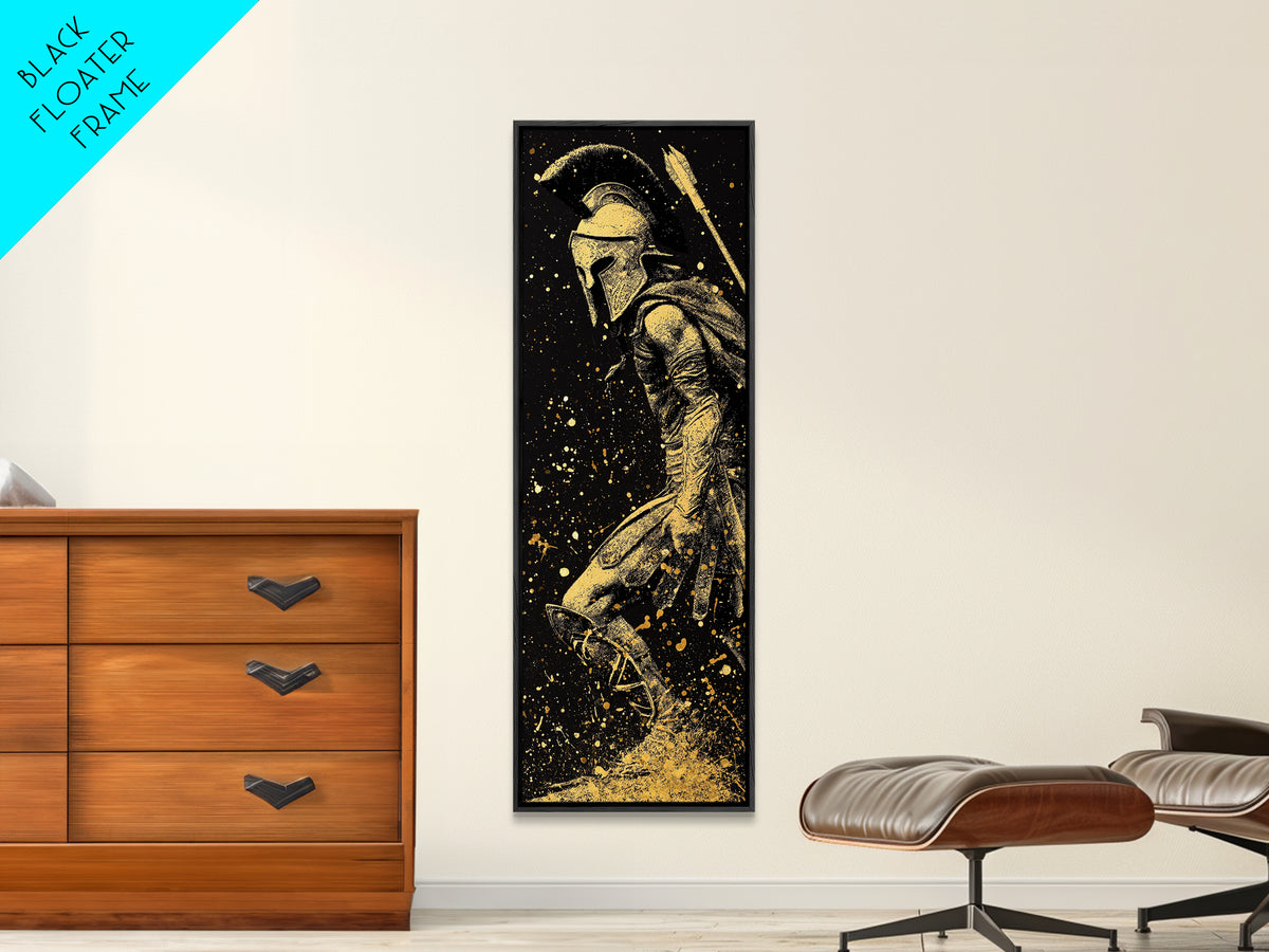 Greek Spartan Standing Strong, Gold Canvas Print, Warrior Soldier Wall Art, Real Wood Frame Home Decor, Ancient Hero Artwork