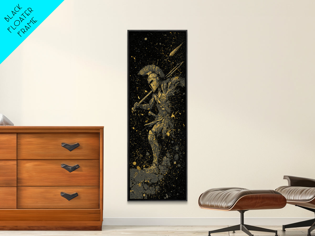 Ancient Spartan In Battle, Gold Canvas Art, Warrior With Spear Wall Print, Real Wood Frame Decor, Greek Mythology Artwork