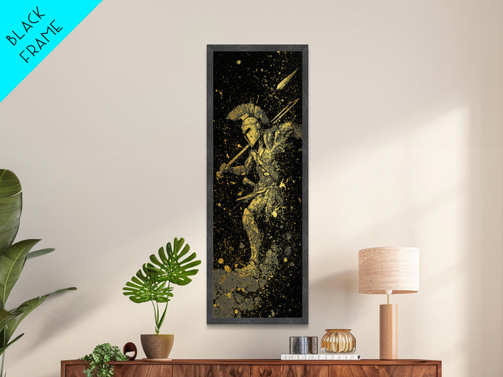 Ancient Spartan In Battle, Metallic Gold Art, Warrior With Spear Wall Print, Real Wood Frame Decor, Greek Mythology Artwork