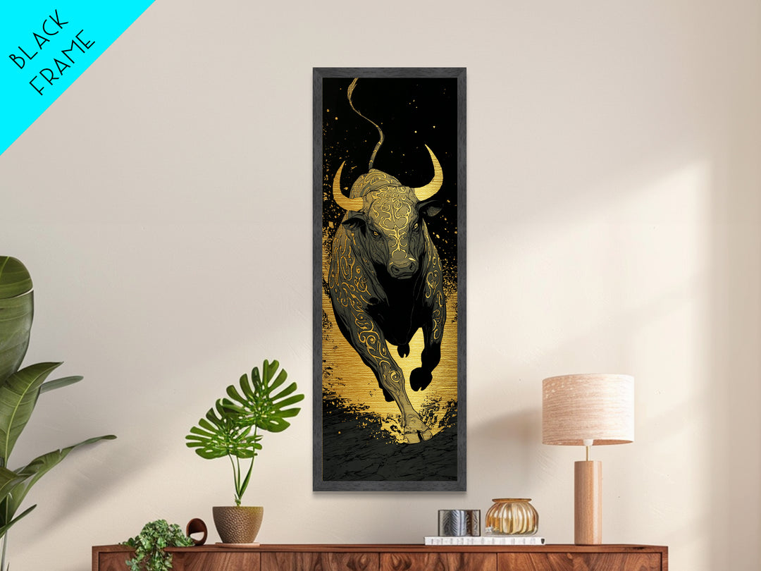 Charging Bull - Metallic Gold Wall Art - Wood Framed Metal Art, Taurus Wall Art, Golden Runic Bull Painting Print, Metal Art