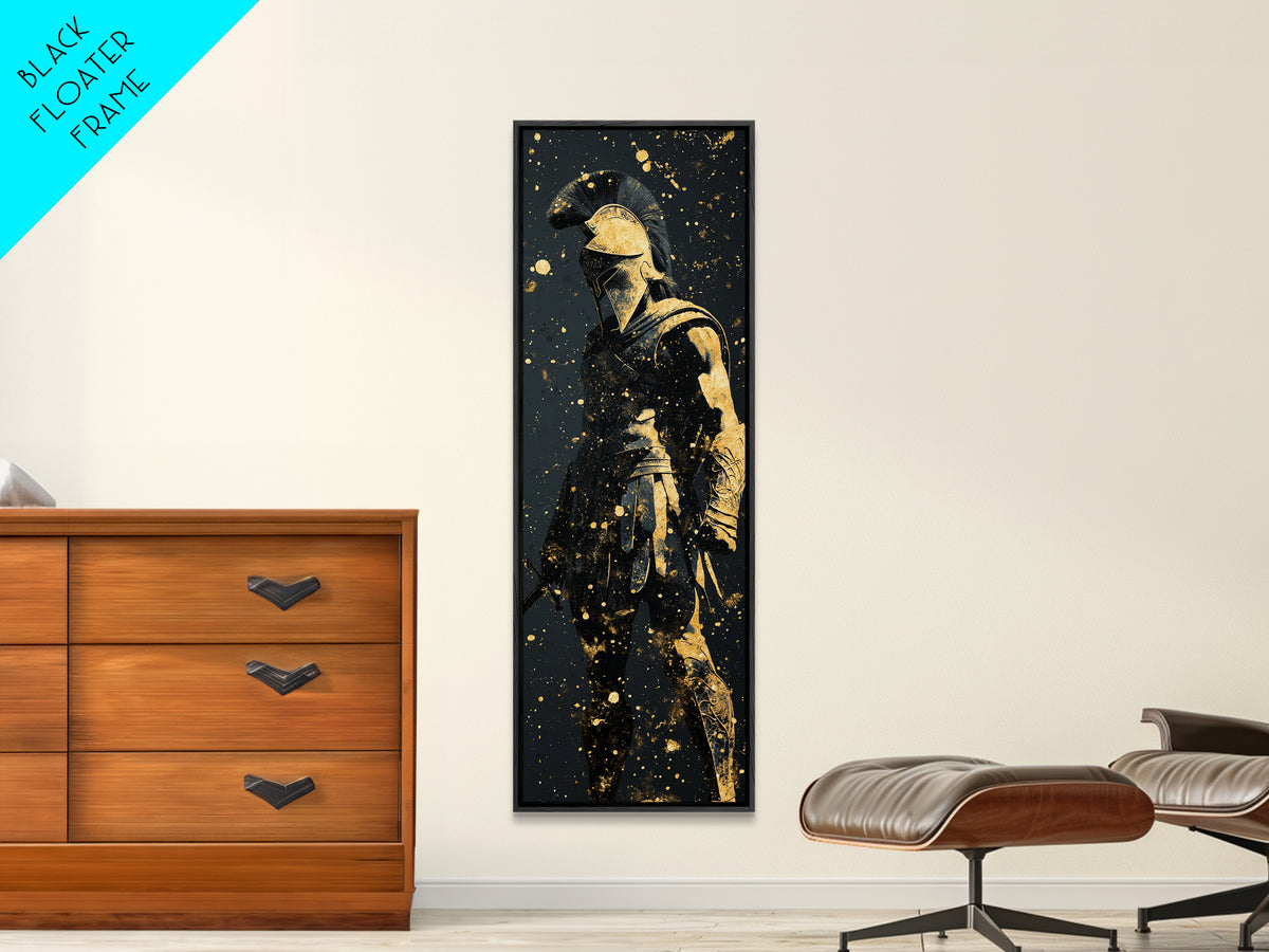 Greek Hoplite Gold Canvas Art, Ancient Spartan Warrior Print, Real Wood Frame, Mythology Inspired Wall Decor For Living Room