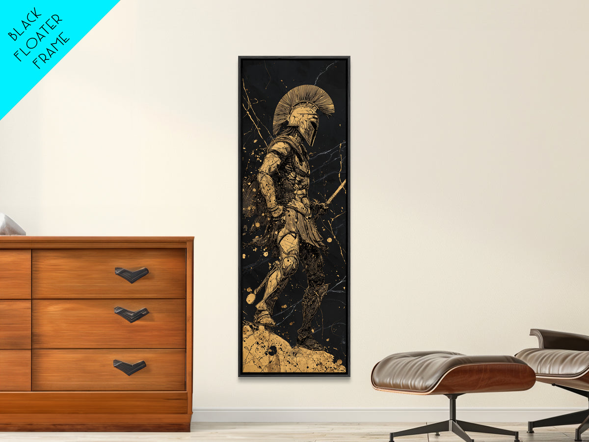 Greek Warrior Silhouette Gold Canvas Art, Ancient Spartan Wall Print, Real Wood Frame, Mythology Inspired Gold Soldier Decor
