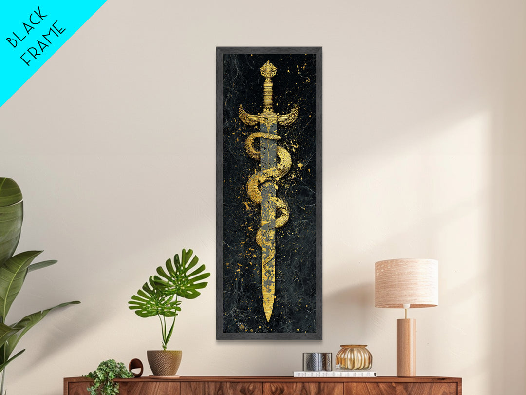 Metallic Gold Metal Print, Sword And Serpent Wall Art, Mythical Weapon Artwork, Real Wood Frame Decor