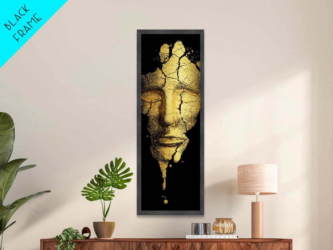 Metallic Gold Metal Print, Cracked Golden Mask Wall Art, Mythical Face Artwork, Real Wood Frame Decor