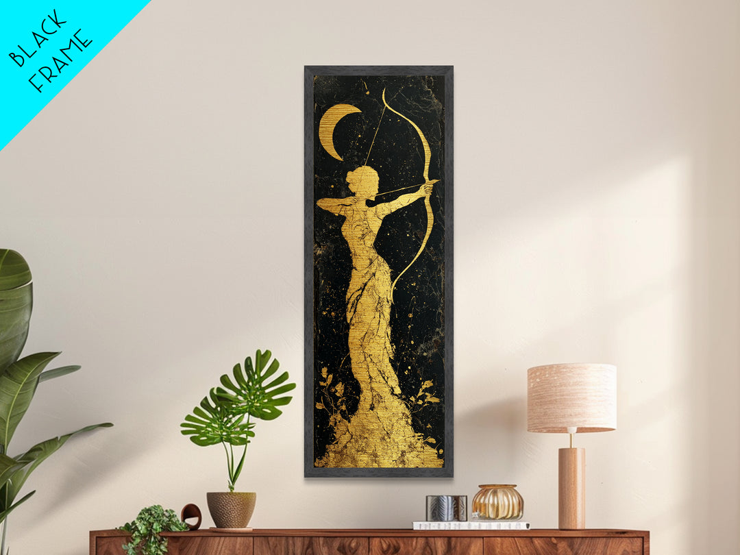 Metallic Gold Art, Artemis Moon Goddess Print, Bow And Arrow Wall Decor, Real Wood Frame Greek Artwork