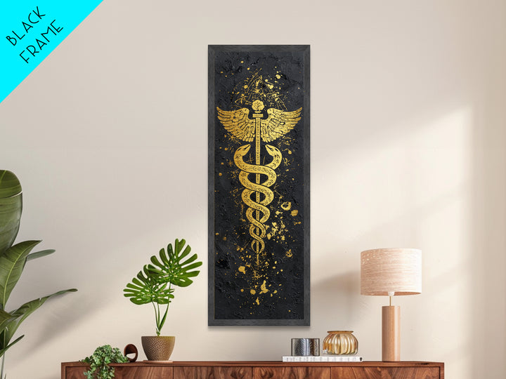 Metallic Gold Metal Print, Caduceus Serpent Staff Wall Art, Hermes Symbol Decor, Real Wood Frame Artwork