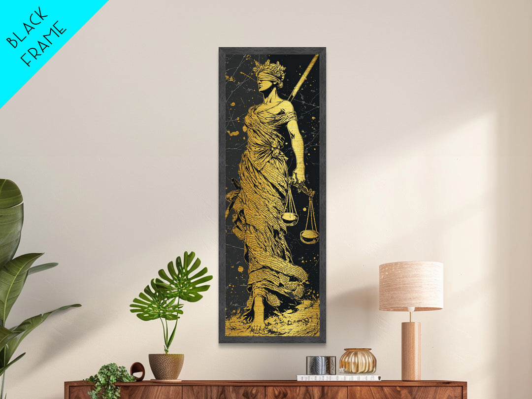 Themis Goddess Of Justice Metallic Gold Metal Print, Blindfolded Lady Justice Wall Art, Scales Of Balance Decor, Real Wood Frame