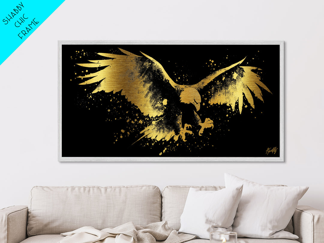 Eagle With Outstretched Wings, Metallic Gold Metal Print, Real Wood Frame, Splatter Art, Majestic Bird Wall Decor