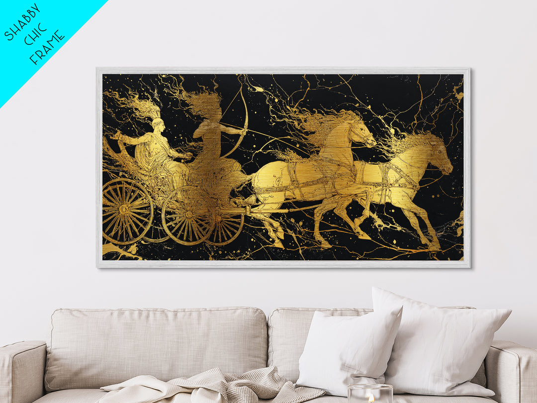 Greek Chariot Scene, Metallic Gold Art, Real Wood Frame, Mythology Inspired Wall Decor, Warriors And Horses Print