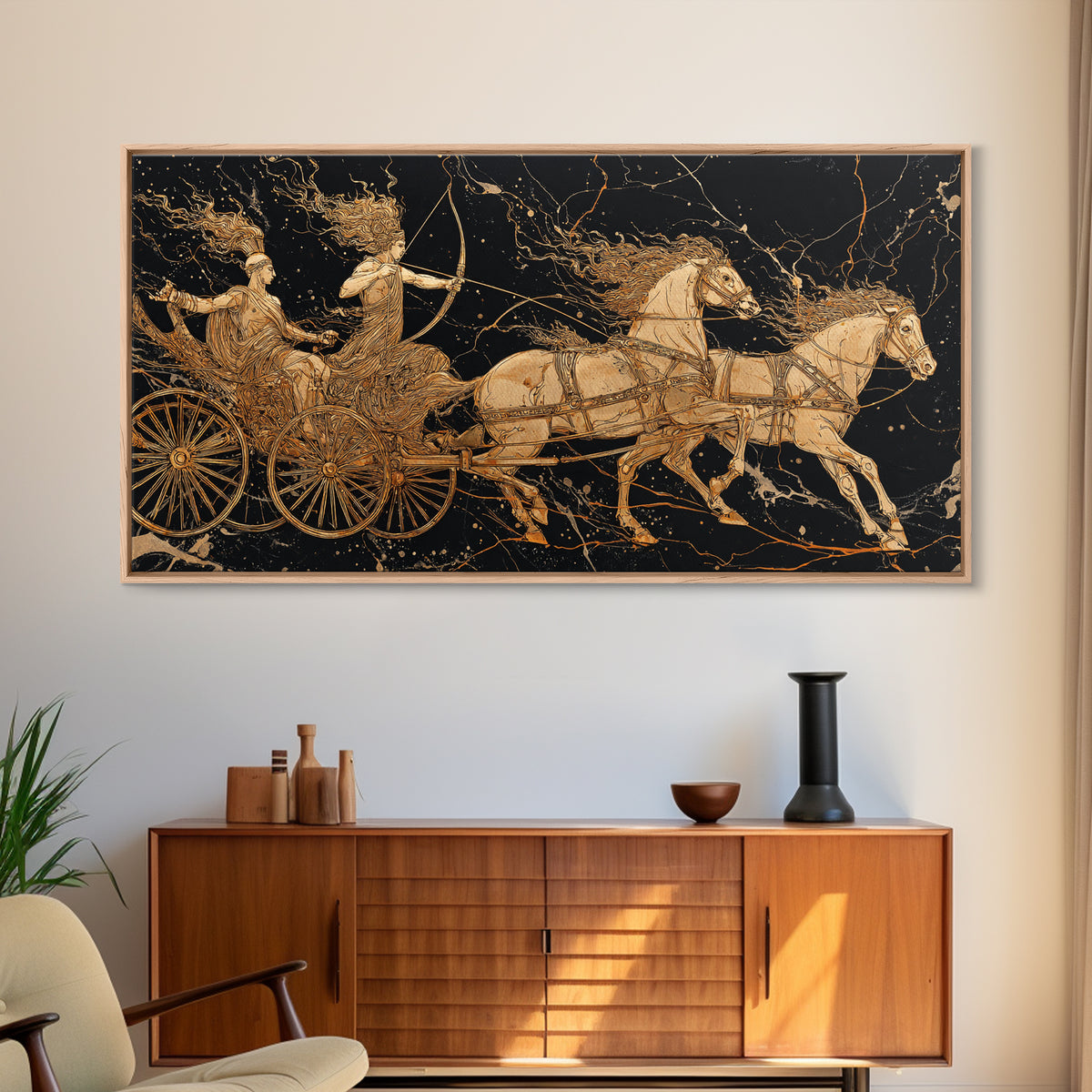 Greek Chariot Scene, Gold Canvas Art, Real Wood Frame, Mythology Inspired Wall Decor, Warriors And Horses Print