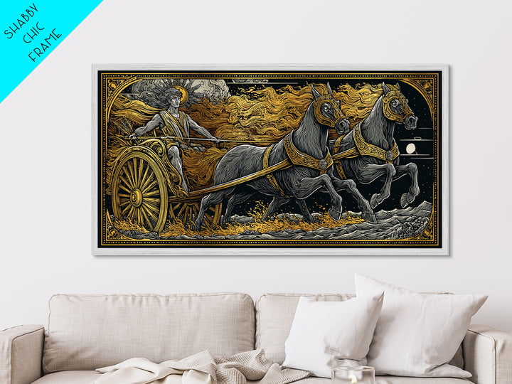 Chariot Of The Sun God, Metallic Gold Metal Print, Real Wood Frame, Mythology Wall Art, Horse And Chariot Artwork