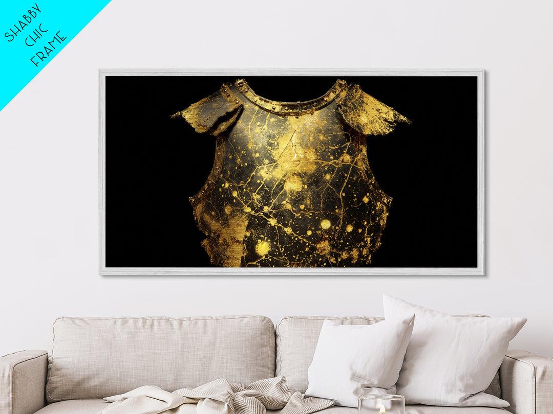 Golden Armor Breastplate, Metallic Gold Metal Print, Real Wood Frame, Medieval Warrior Decor, Historical Art Print