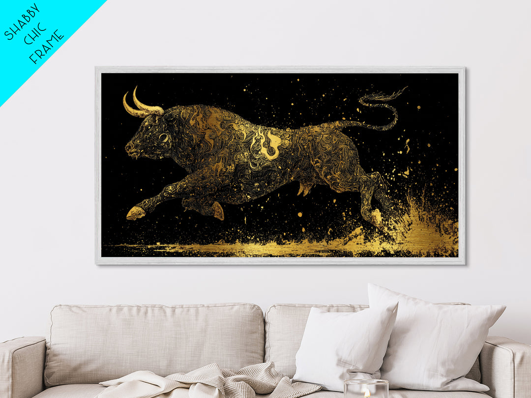 Golden Bull In Motion, Metallic Gold Art, Real Wood Frame, Dynamic Animal Wall Decor, Mythology Inspired Artwork
