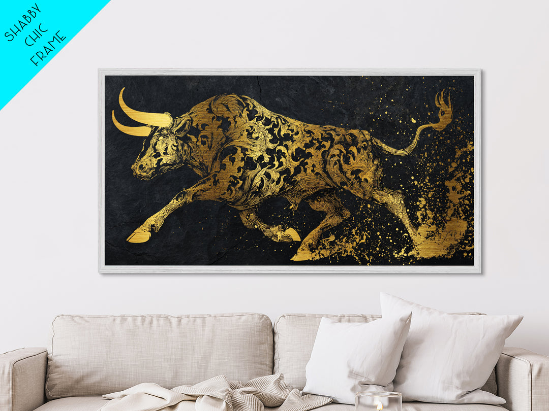 Ornate Golden Bull, Metallic Gold Metal Print, Real Wood Frame, Decorative Animal Artwork, Powerful Bull Illustration