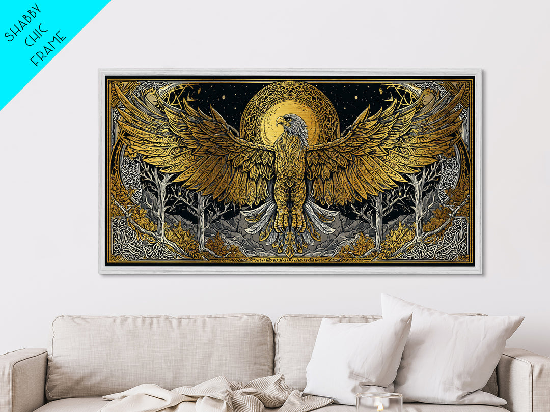 Golden Eagle Over Moonlit Forest, Metallic Gold Art, Real Wood Frame, Intricate Line Art, Majestic Bird Wall Decor