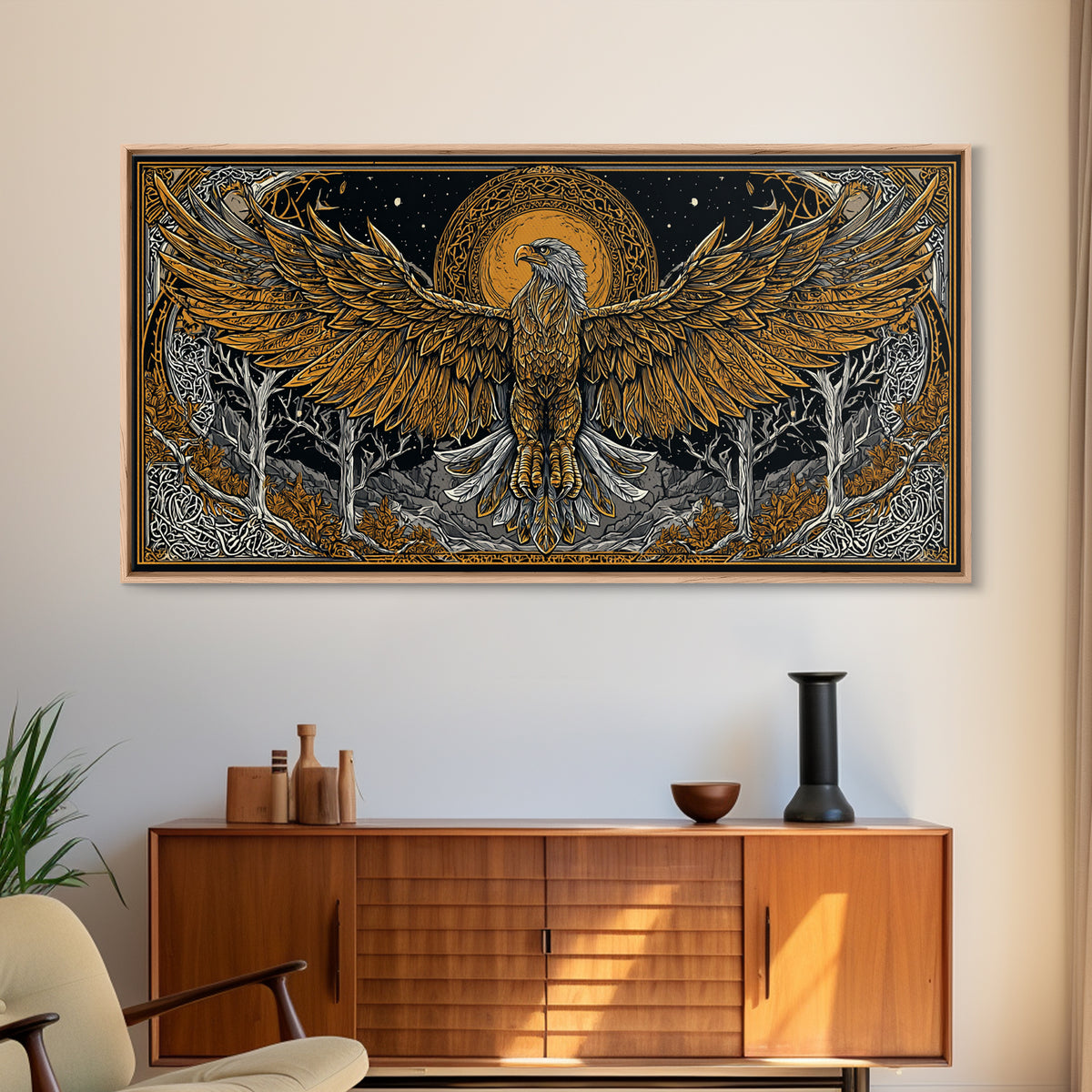 Golden Eagle Over Moonlit Forest, Gold Canvas Art, Real Wood Frame, Intricate Line Art, Majestic Bird Wall Decor