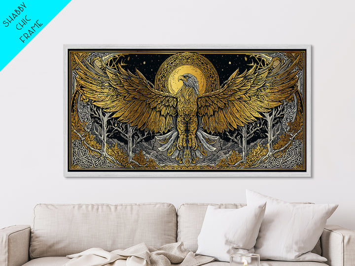 Golden Eagle Over Moonlit Forest, Metallic Gold Art, Real Wood Frame, Intricate Line Art, Majestic Bird Wall Decor