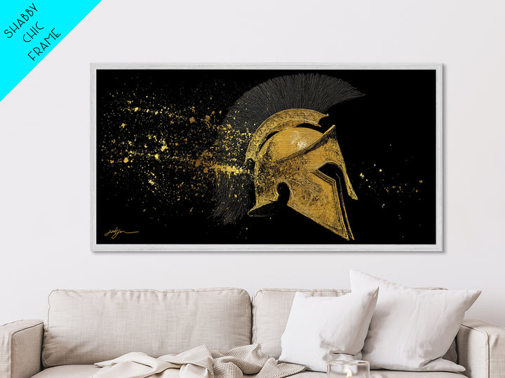 Golden Spartan Helmet, Metallic Gold Art, Real Wood Frame, Splatter Style Warrior Armor, Mythology Inspired Artwork