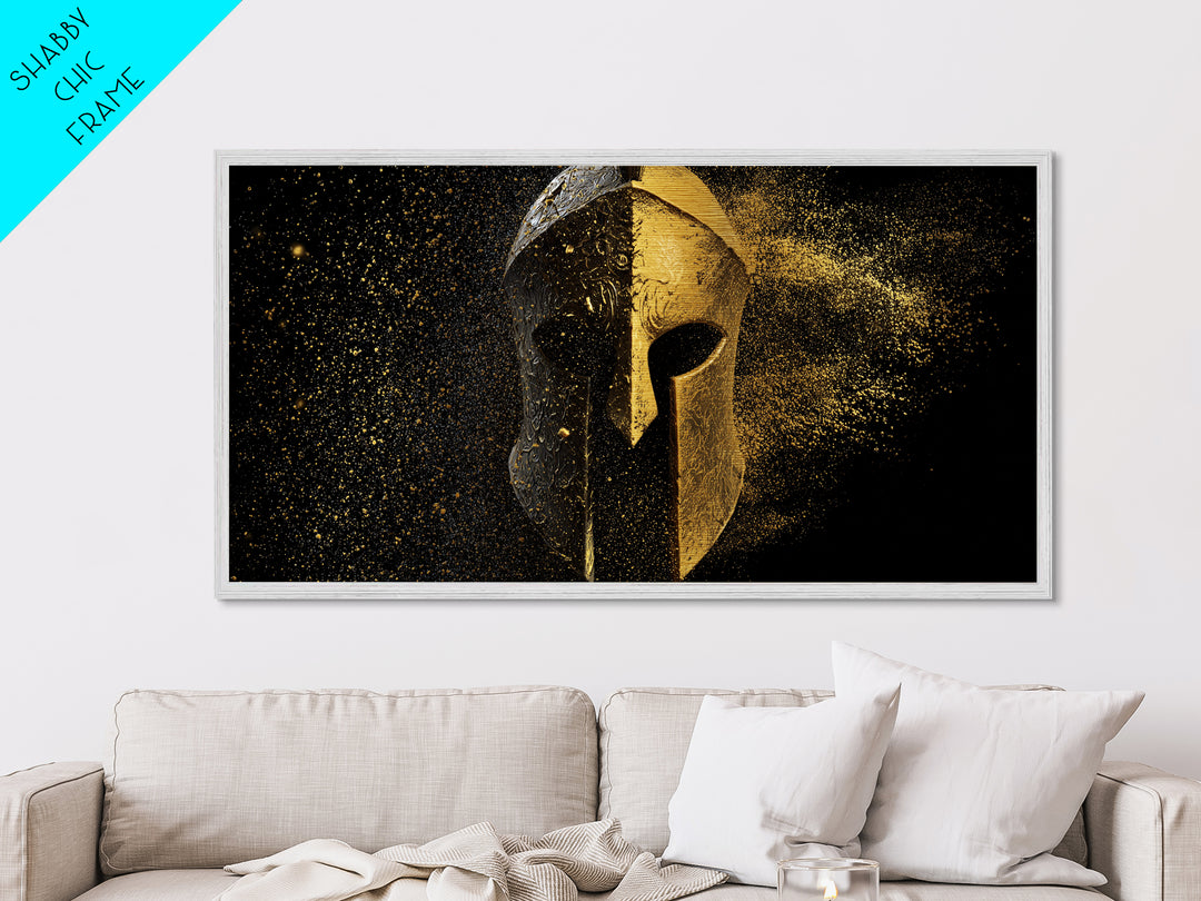 Half Gold Spartan Helmet, Metallic Gold Metal Print, Real Wood Frame, Splatter Style Warrior Armor, Ancient Battle Artwork