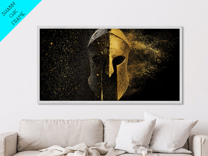 Half Gold Spartan Helmet, Metallic Gold Metal Print, Real Wood Frame, Splatter Style Warrior Armor, Ancient Battle Artwork