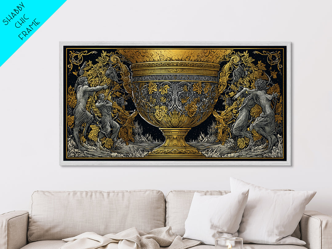 Golden Ornate Chalice, Metallic Gold Art, Real Wood Frame, Mythology Inspired Wall Decor, Classical Celebration Scene