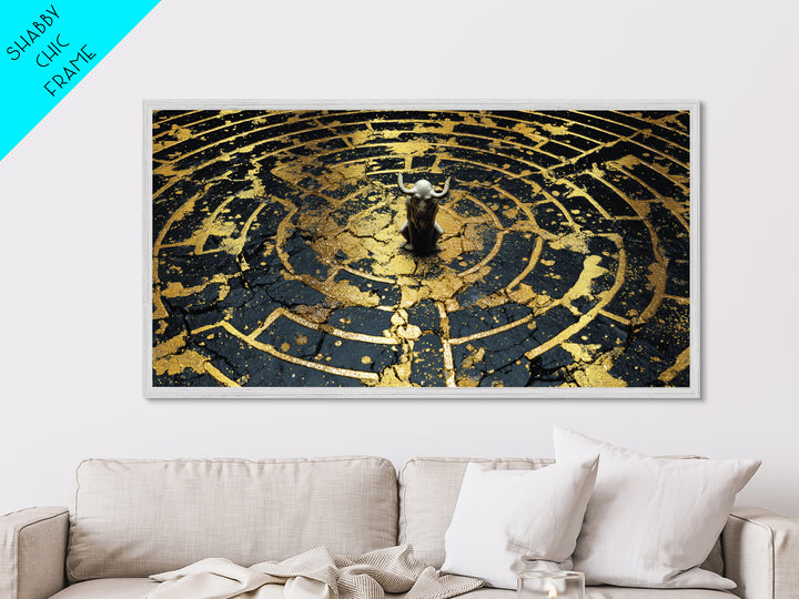 Minotaur In Labyrinth, Metallic Gold Metal Print, Real Wood Frame, Mythology Inspired Wall Art, Ancient Maze Artwork