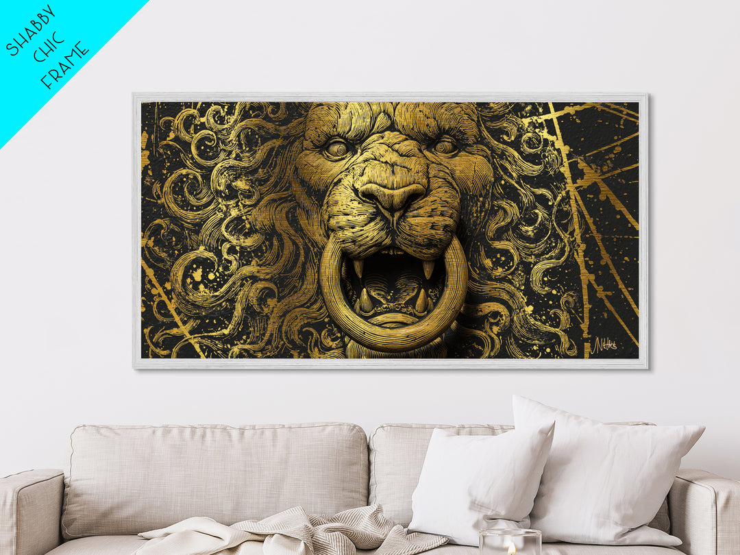 Golden Lion Door Knocker Close Up, Metallic Gold Art, Real Wood Frame, Splatter Style Animal Decor, Regal Lion Artwork
