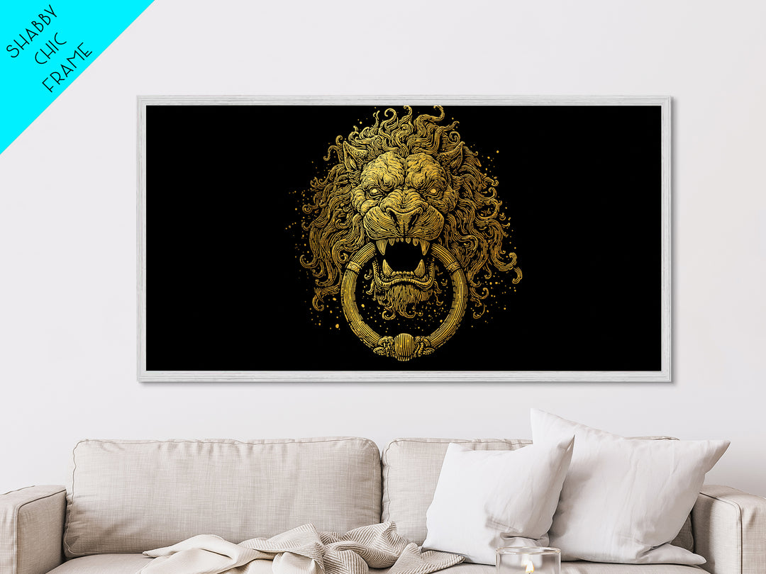 Golden Lion Door Knocker, Metallic Gold Metal Print, Real Wood Frame, Majestic Animal Wall Art, Regal Gold Illustration