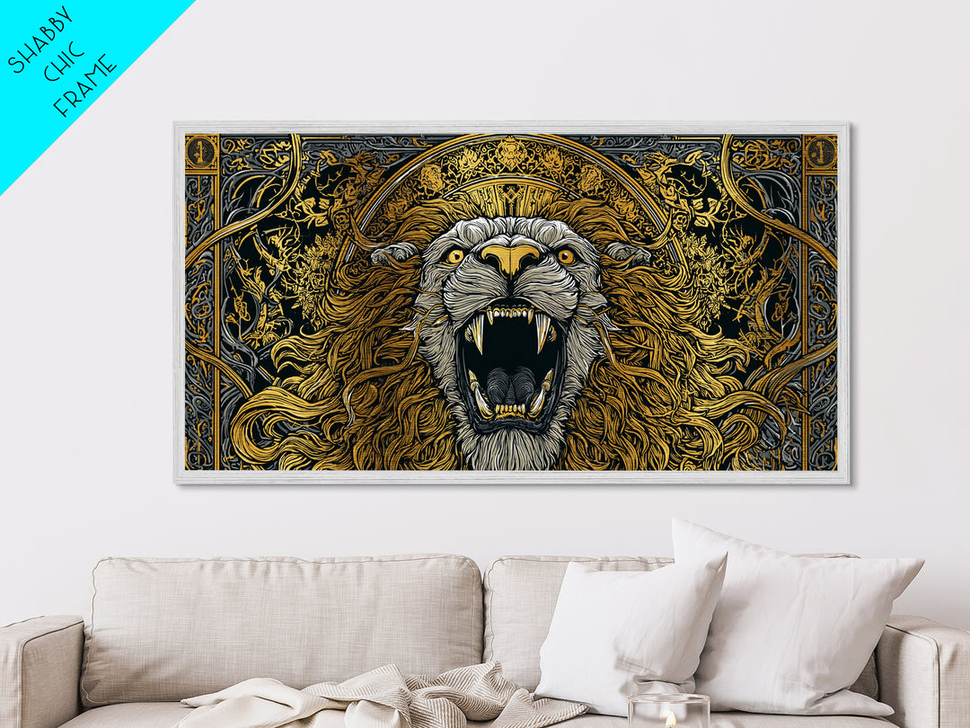 Roaring Golden Lion, Metallic Gold Art, Real Wood Frame, Mythology Inspired Animal Decor, Powerful Lion Wall Artwork