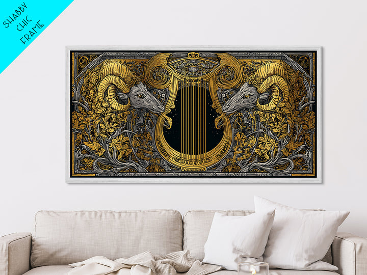 Ornate Ram Lyre, Metallic Gold Metal Print, Real Wood Frame, Mythology Inspired Musical Art, Classical Decorative Artwork