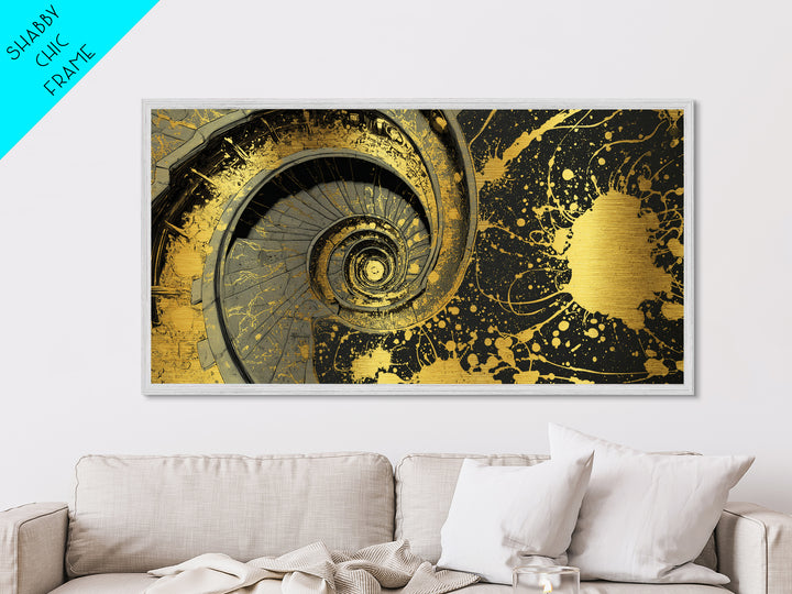 Golden Spiral Staircase, Metallic Gold Art, Real Wood Frame, Splatter Style Abstract Design, Modern Wall Decor