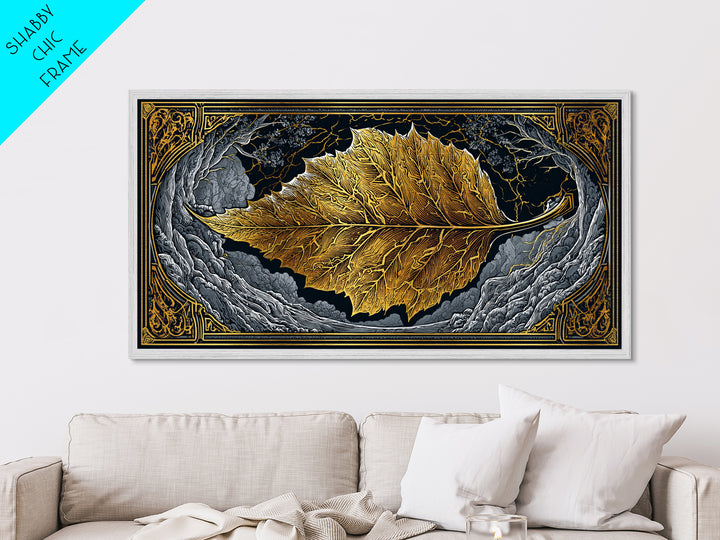 Golden Leaf In Ornate Frame, Metallic Gold Metal Print, Real Wood Frame, Botanical Wall Art, Nature Inspired Decor