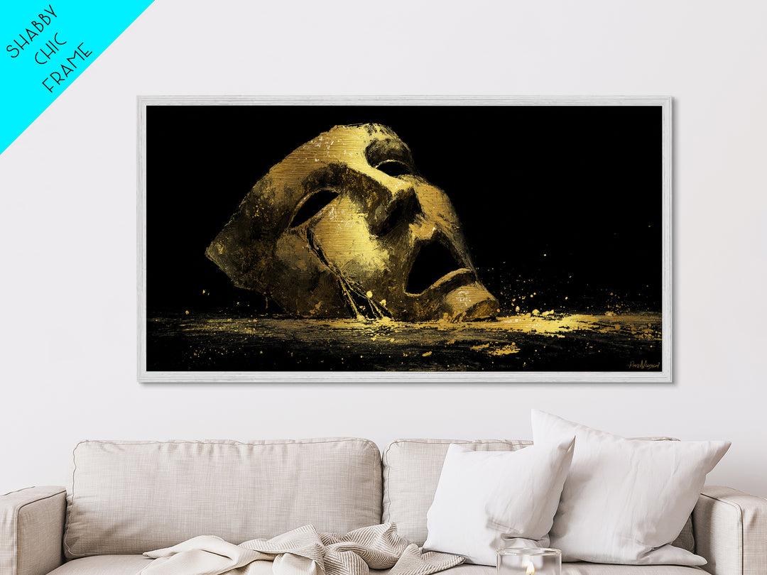Golden Theatrical Mask, Metallic Gold Metal Print, Real Wood Frame, Dramatic Abstract Artwork, Expressive Wall Art