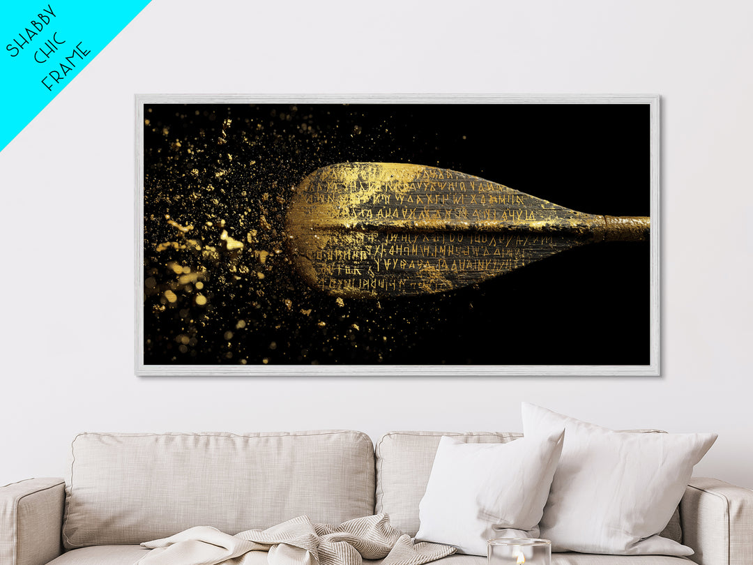 Ancient Golden Spear Tip, Metallic Gold Art, Real Wood Frame, Splatter Style Weapon Artwork, Mythology Inspired Decor