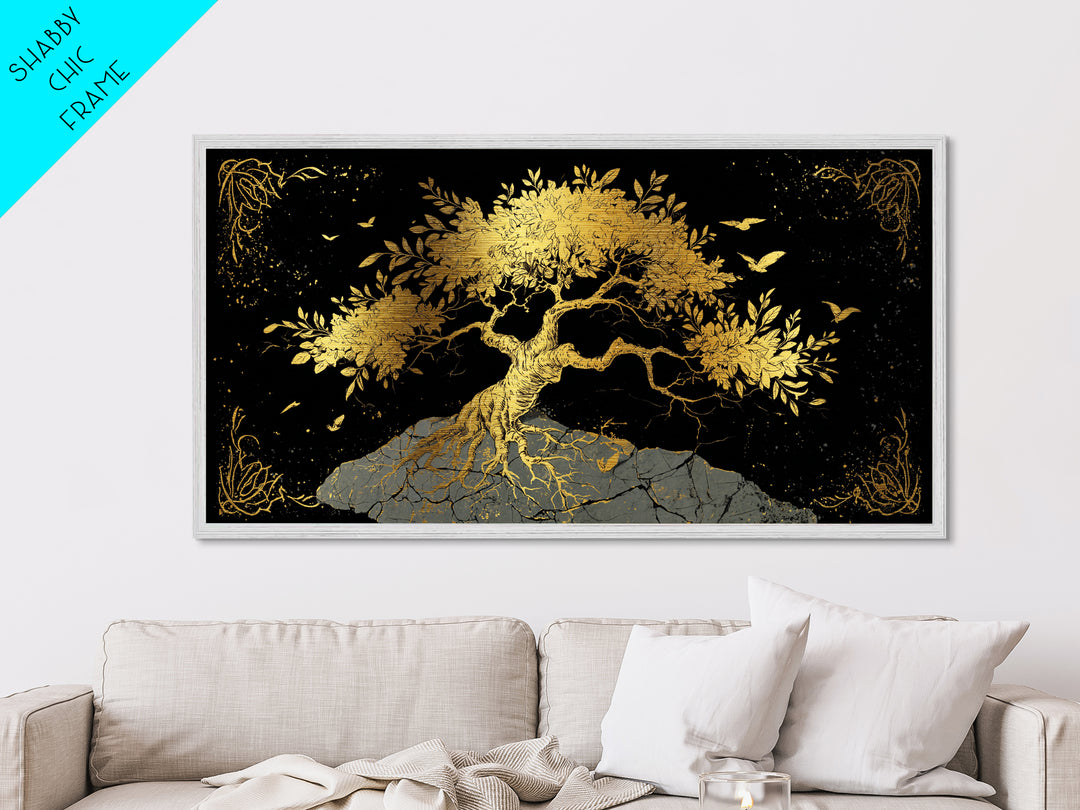 Metallic Gold Tree of Life Artwork, Intricate Roots and Leaves, Wood Framed Map Wall Art for Home or Office Décor