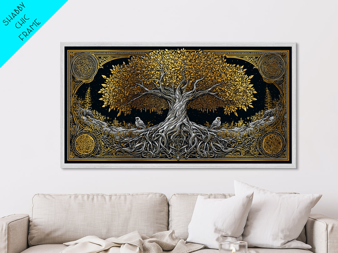 Metallic Gold Ancient Tree Design with Owls, Ornate Border, Wood Framed Map Wall Art for Classic and Nature-Inspired Spaces