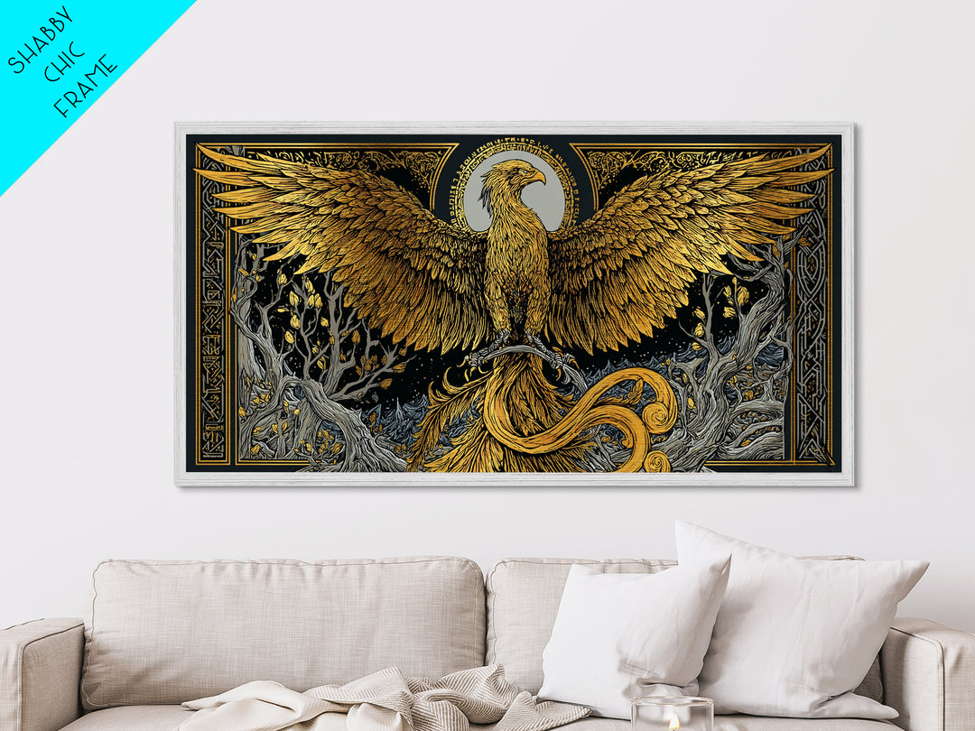 Metallic Gold Phoenix Rising Illustration, Majestic Wings, Wood Framed Map Wall Décor for Myth and Fantasy Art Lovers