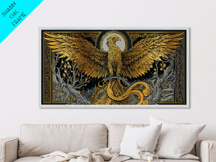 Metallic Gold Phoenix Rising Illustration, Majestic Wings, Wood Framed Map Wall Décor for Myth and Fantasy Art Lovers