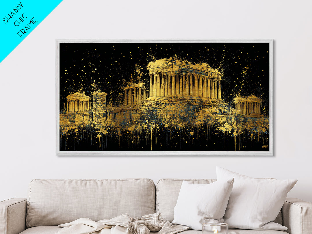 Metallic Gold Parthenon Greece Architecture Print, Splatter Art Style, Wood Framed Map Wall Art for Travel and History Fans